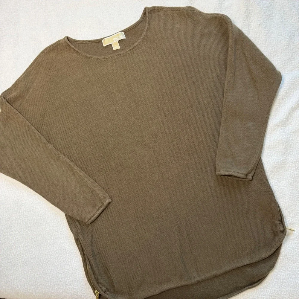 Michael Kors Women Olive Brown Side Zip Crew Neck Cotton Blend Sweater Large